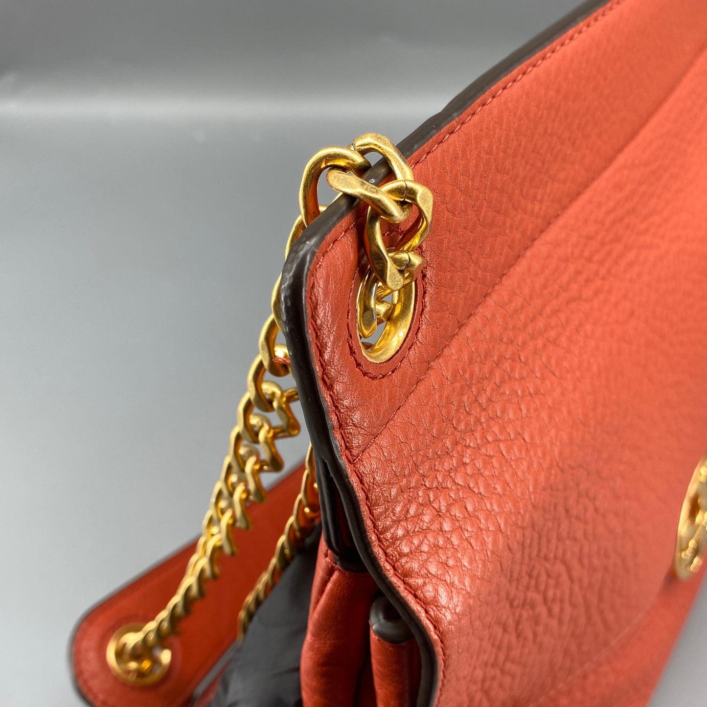 Tory Burch Orange Pebbled Leather Double T Logo Flap Chain Shoulder Bag