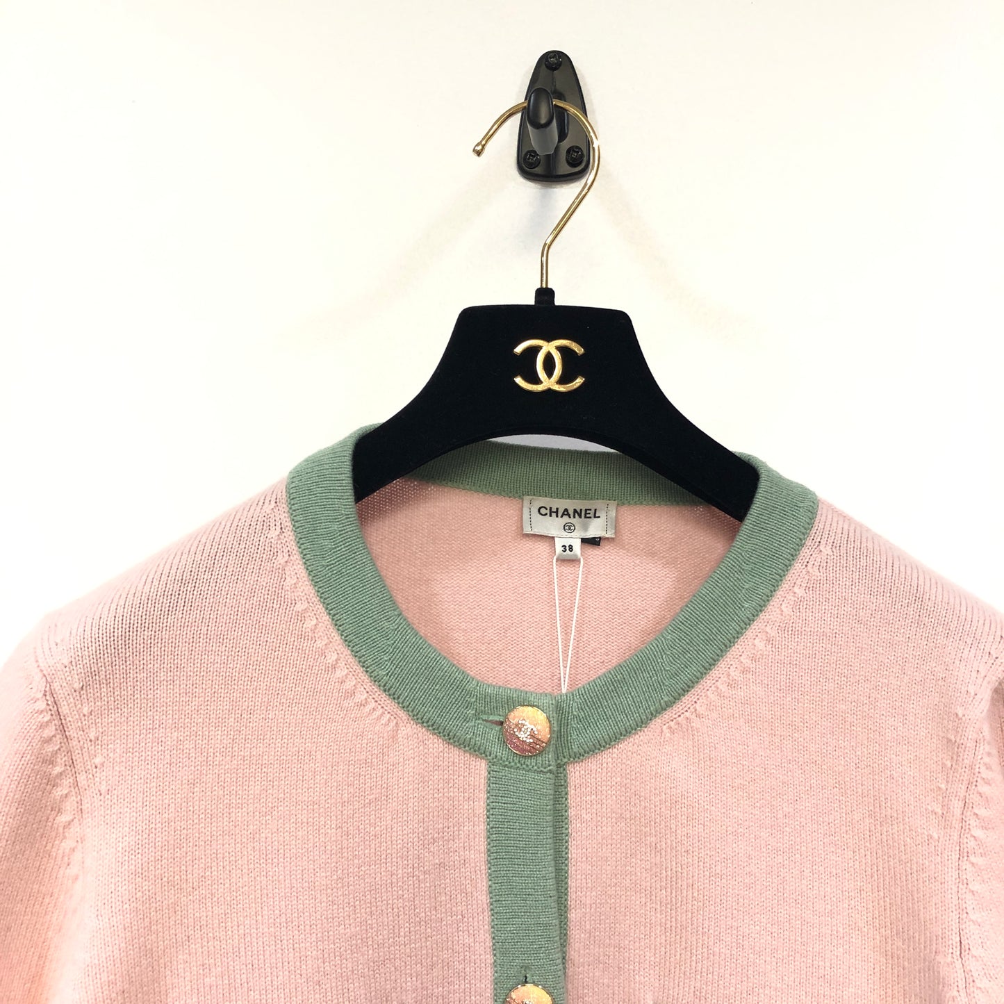 Chanel Pink Knit Cardigan with Green Trim Size 38