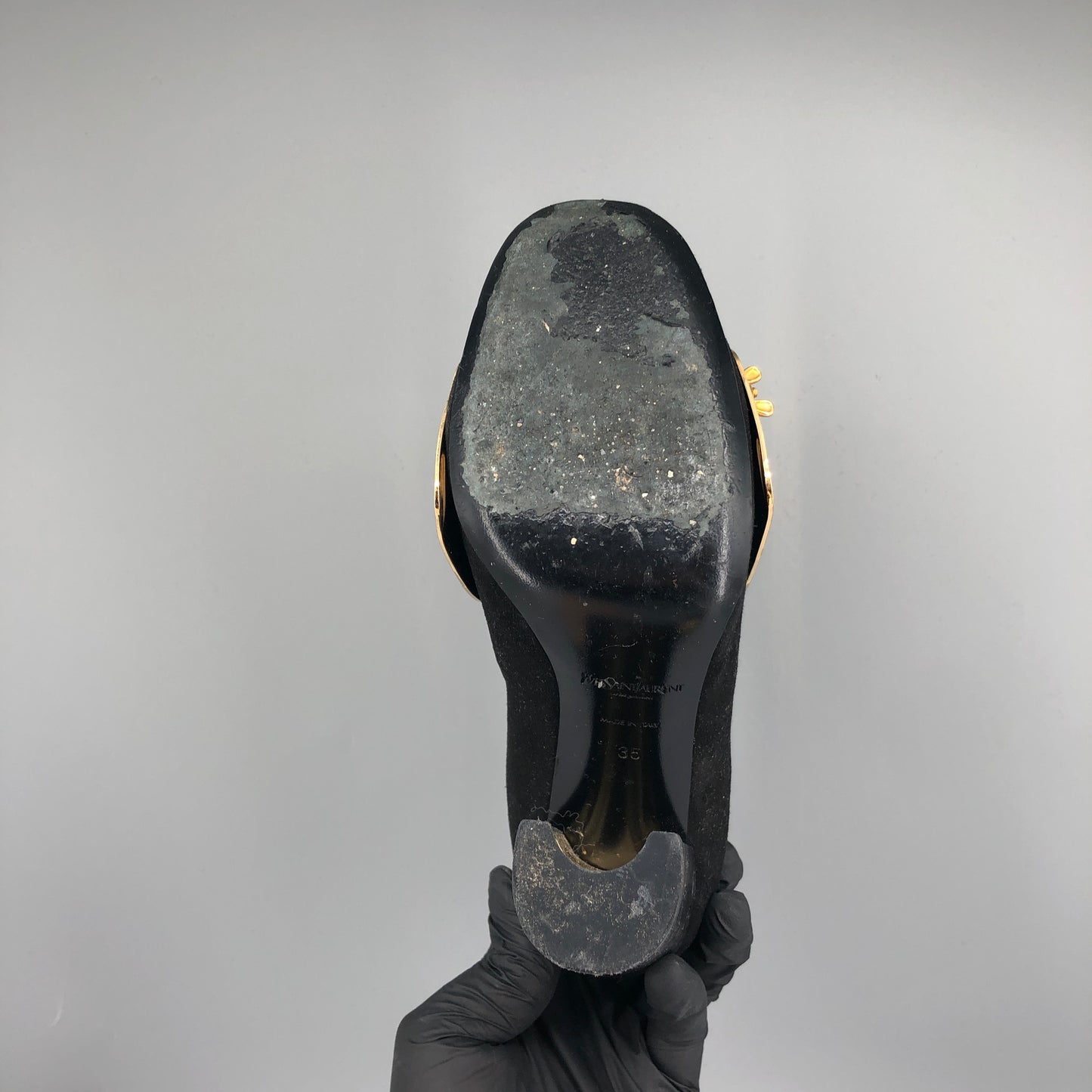 Saint Laurent Black Suede & Gold Metallic Cap Toe Block Heel Pumps 35