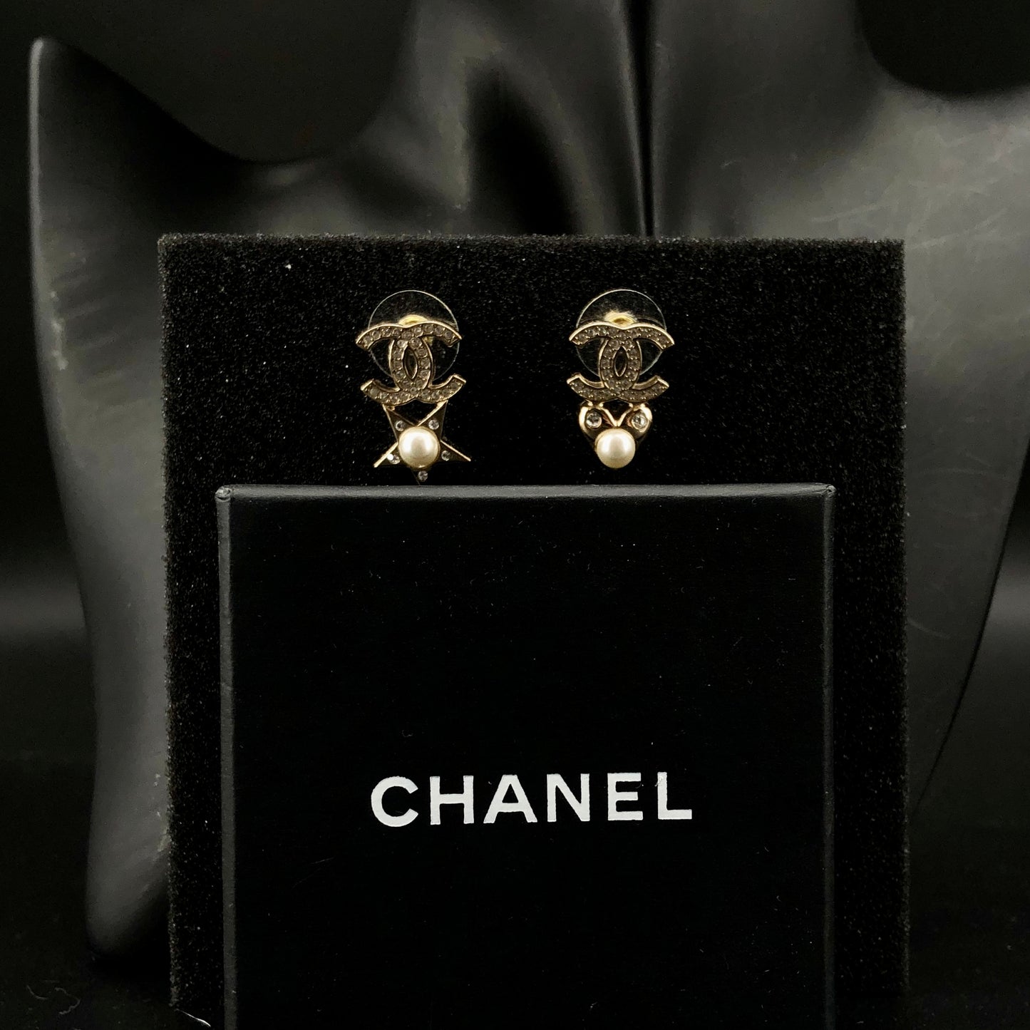 Chanel Crystal CC Logo Pearl Drop Earrings Gold Color