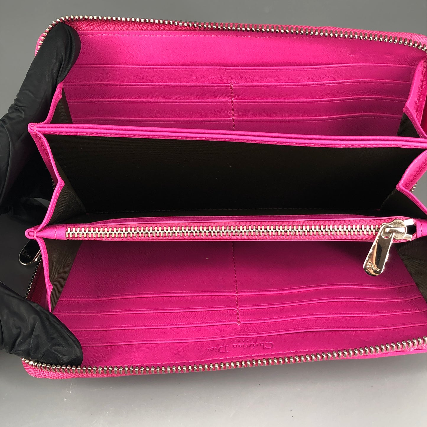 Christian Dior Cannage Quilted Leather Long Zip Around Wallet Hot Pink