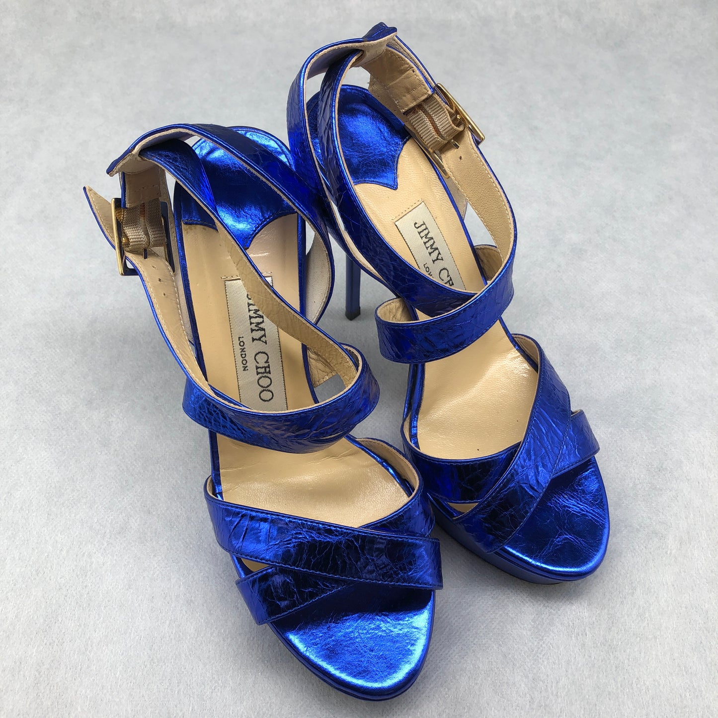 Jimmy Choo Women Metallic Blue Strappy Heels Size 36.5 Shoes