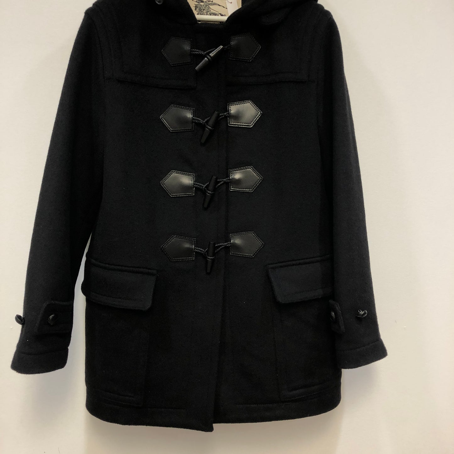 Burberry Black Wool Duffle Hooded Coat Size48