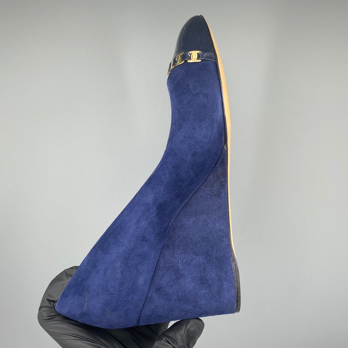 Ferragamo Women’s Deep Blue Suede Patent Toe Wedge Heels Shoes