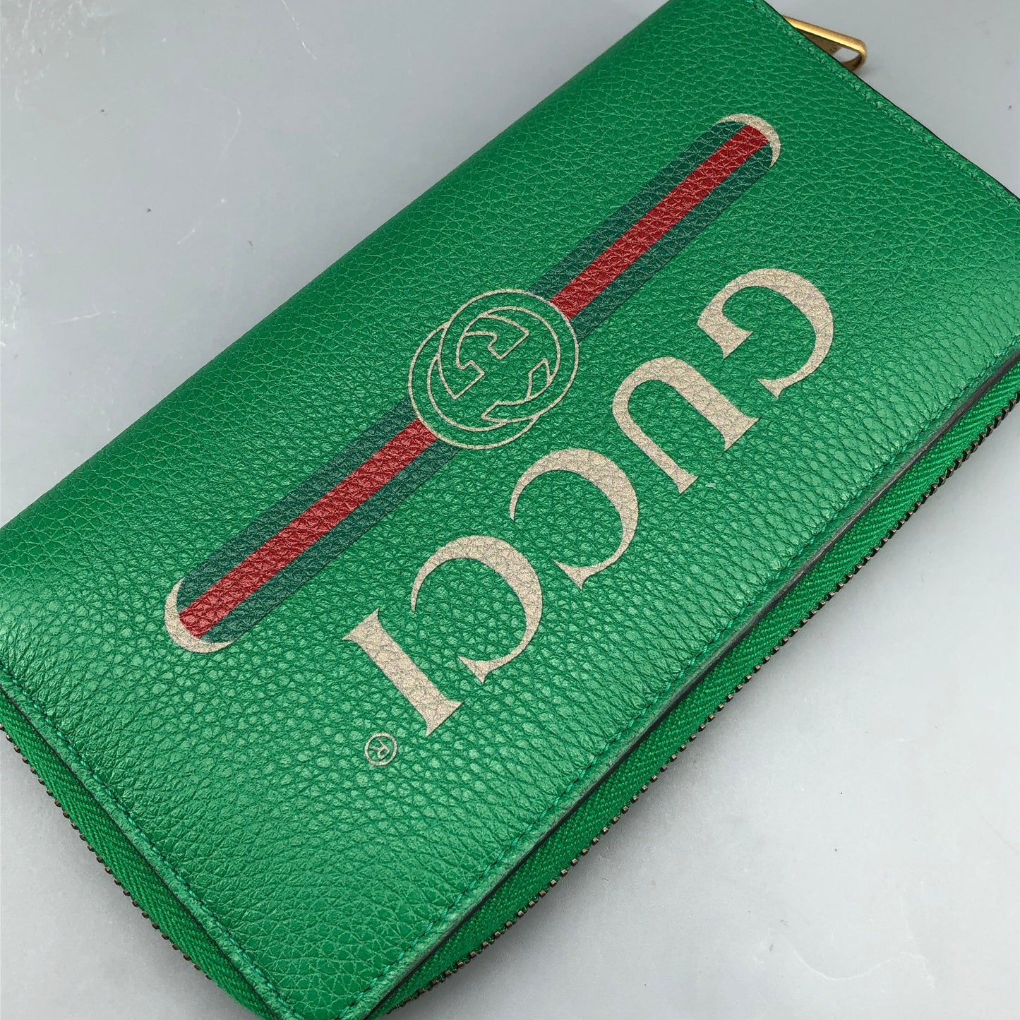 Gucci Green Grain Leather Full Zip Around Long Wallet