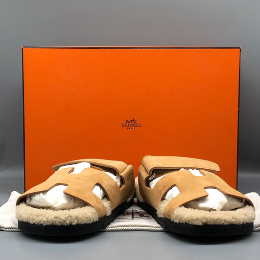 Hermes Tan Shearling H Slide Sandals Size 40 shoes