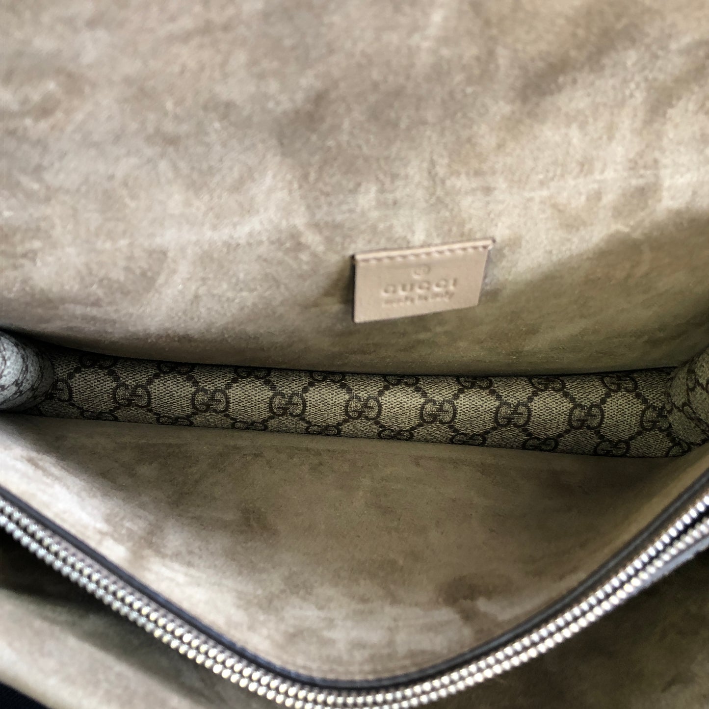 Gucci Dionysus GG Supreme Beige Suede Shoulder Bag