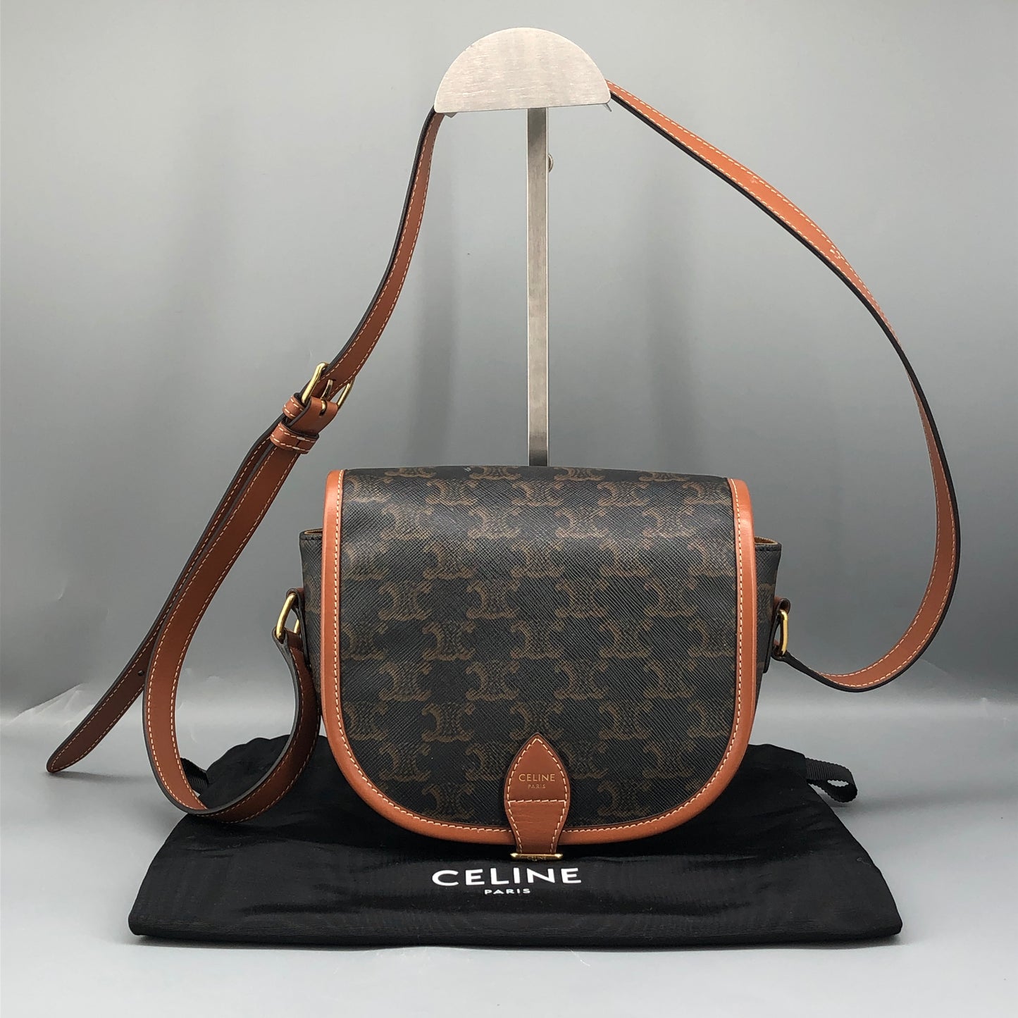 Celine Triomphe Canvas Medium Folco Crossbody Bag Dark Brown