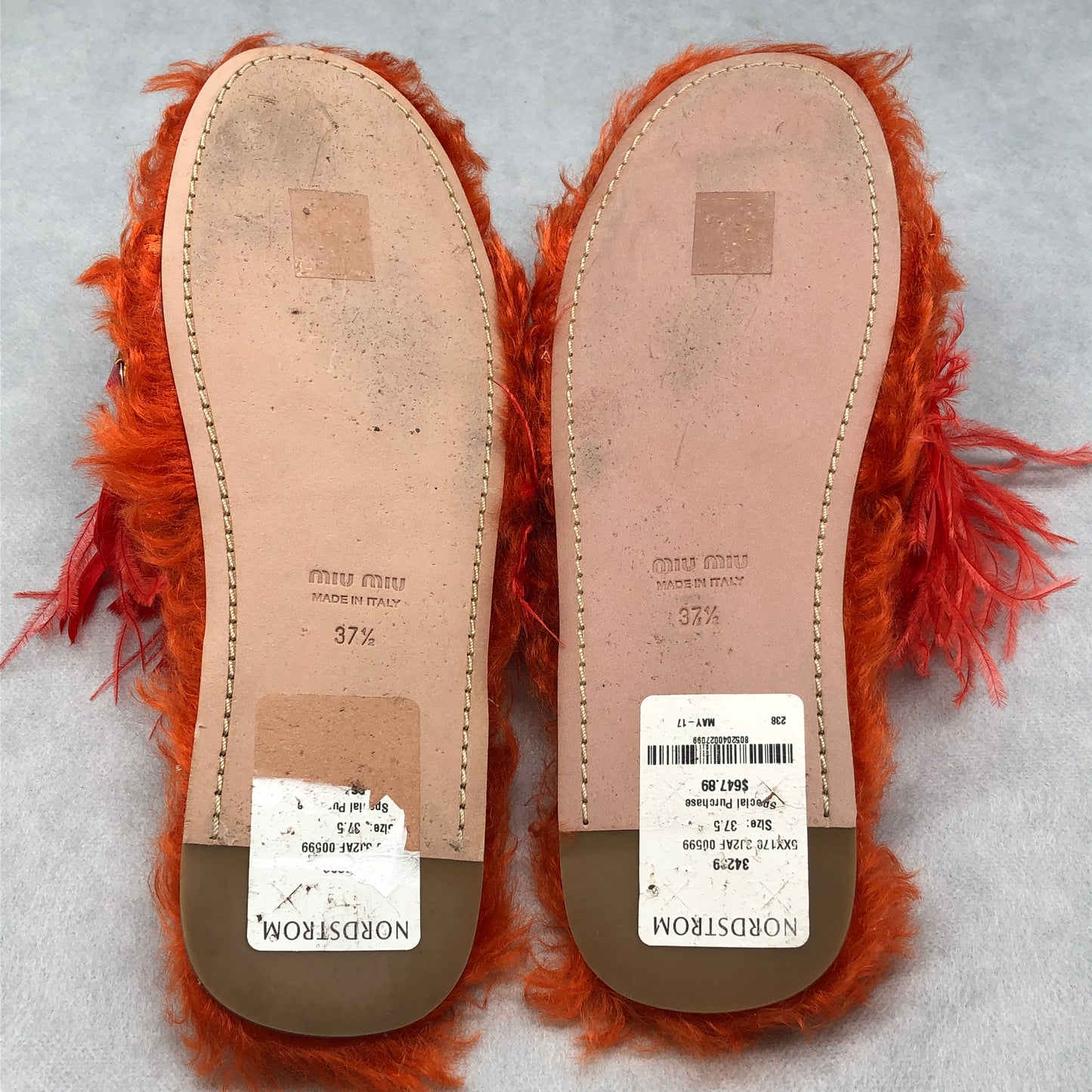 Miu Miu Orange Fur Feather Crystal Slide Sandals Size 37.5