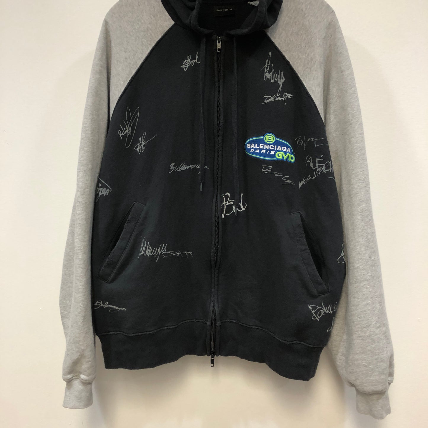 Balenciaga Unisex Distressed Raglan Zip-Up Hoodie Size XL Grey/Black