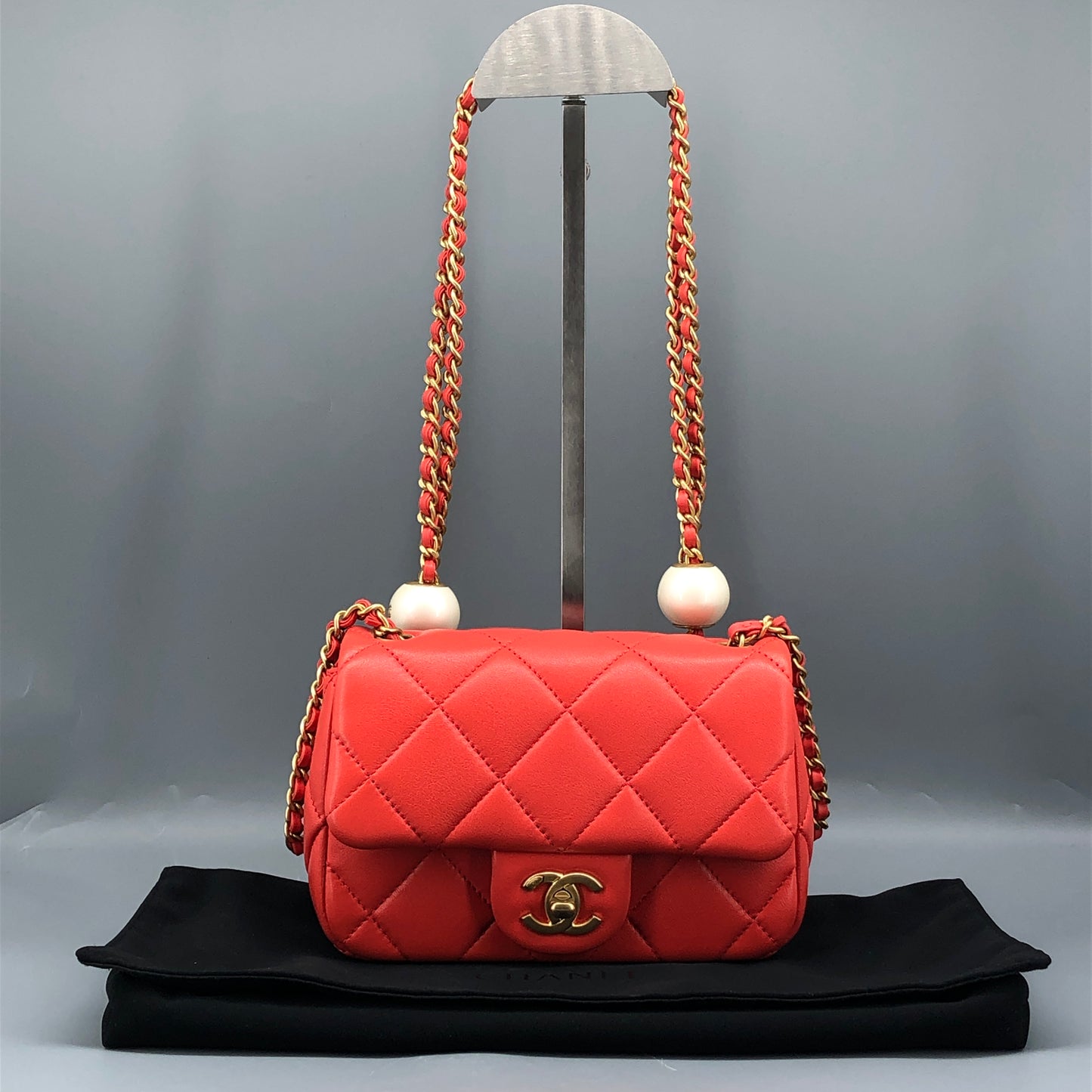 Chanel Mini Quilted Lambskin Flap Bag with Pearl Chain Red