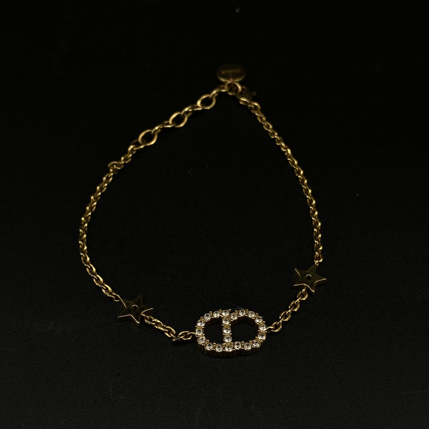 Christian Dior Gold Crystal CD Logo Star Thin Chain Bracelet