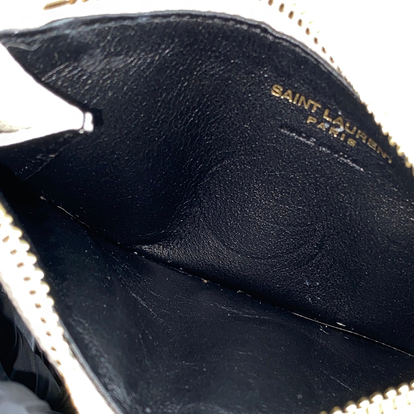 Saint Laurent Cream Grain Leather Quilted Zip Card Holder Wallet