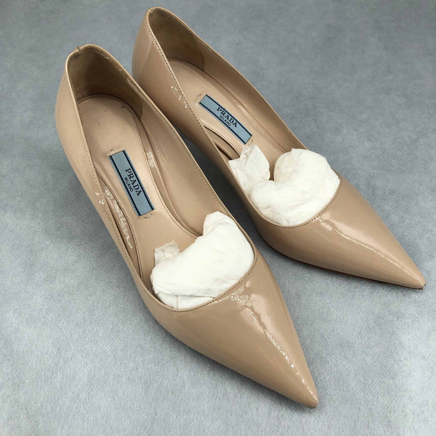 Prada Women's Patent Leather Pointed Toe Stiletto Pumps Beige Size 36