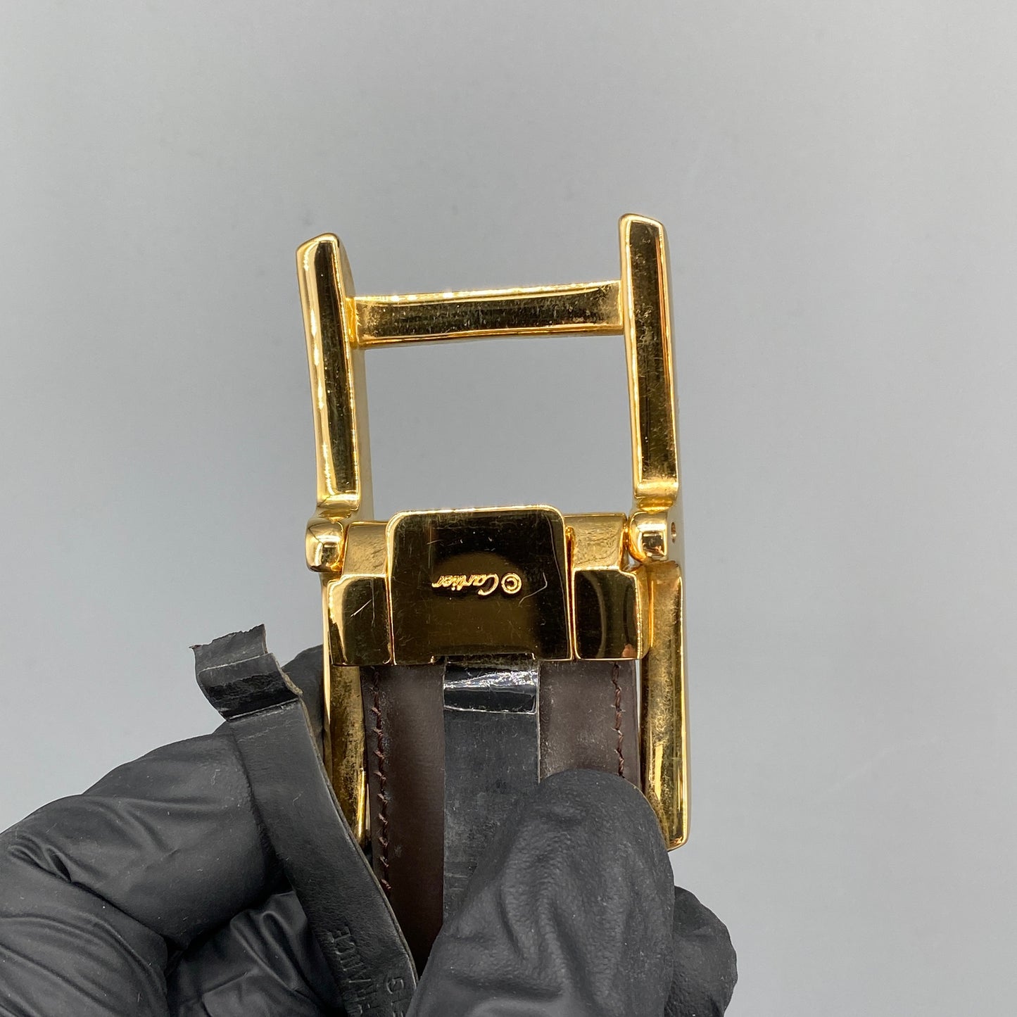 Cartier Black Smooth Leather Gold Square Pin Buckle Belt  105cm