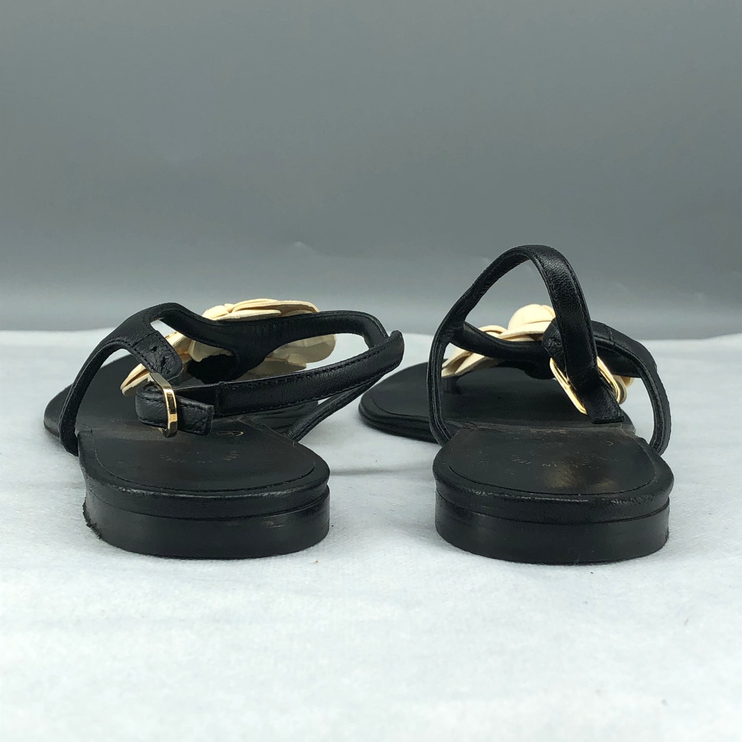 Chanel Women's Camellia Thong Flat Sandals Size 37.5 Black