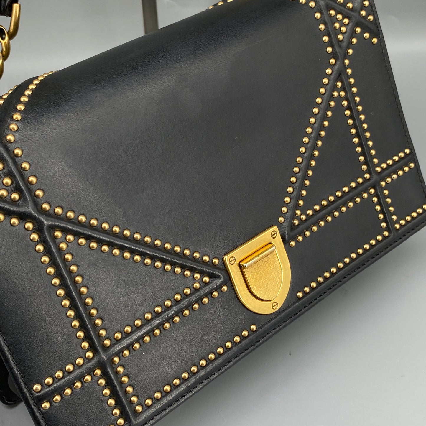 Christian Dior Gold Stud Detail Black Calfskin Diorama Flap Shoulder Bag