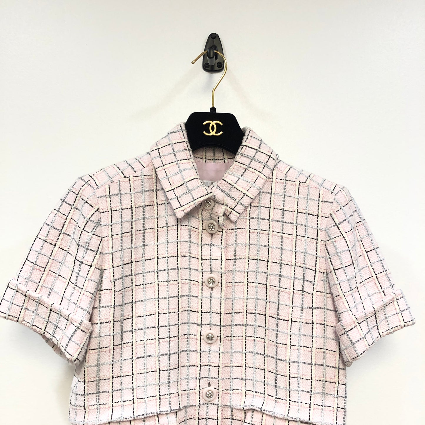 Chanel Pink Plaid Short Sleeve Tweed Dress Point Collar Size 34
