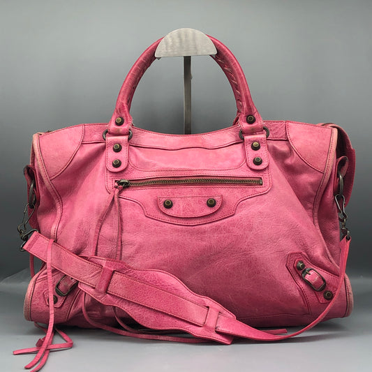 Balenciaga Pink Distressed Leather City Handbag Shoulder Bag