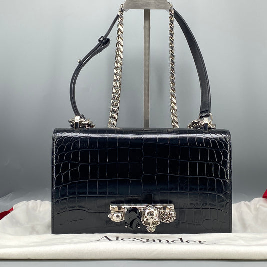 Alexander McQueen Crocodile Embossed Calfskin Knuckle Crossbody Black