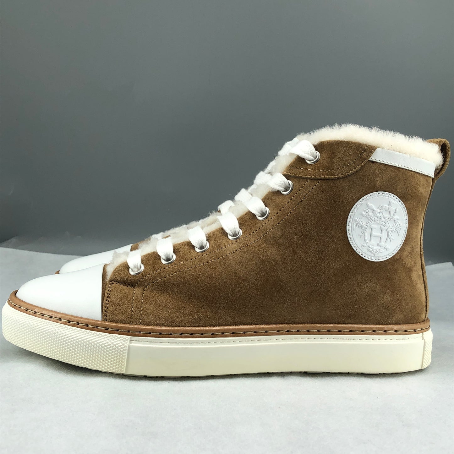 Hermes New Brown Suede Shearling Lined High Top Sneakers 38