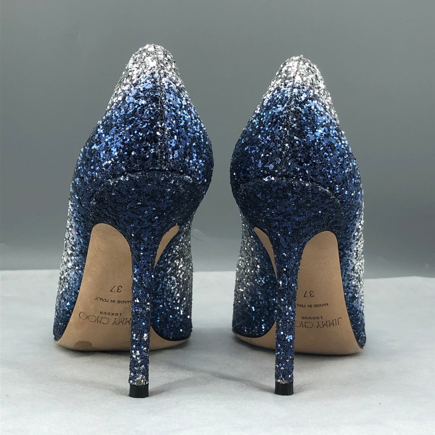 Jimmy Choo Women's Blue Silver Gradient Glitter Pointed Stiletto Heels Size 37