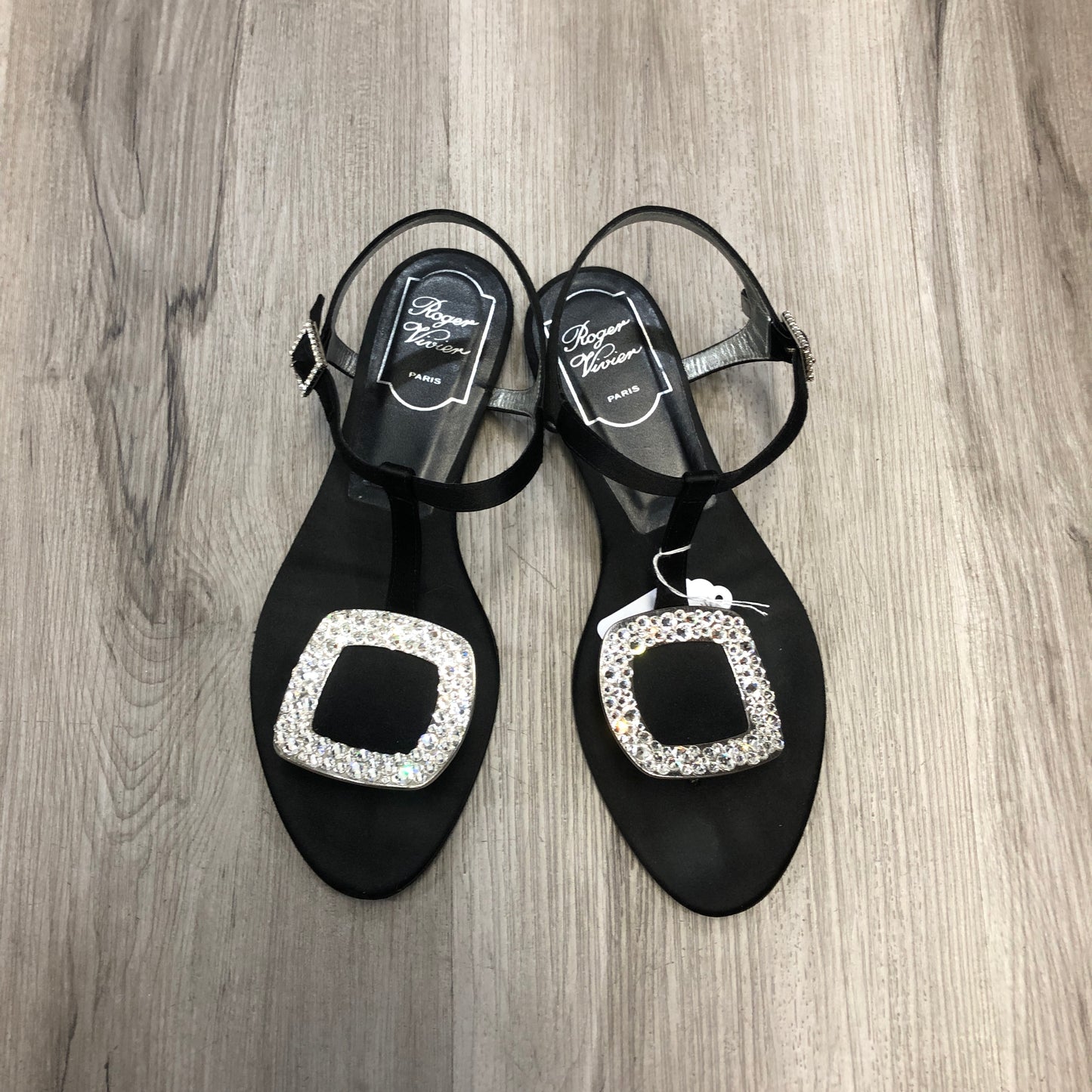 Roger Vivier Women's Strass Square Buckle Slingback Sandal Shoes 35.5 Black Silver