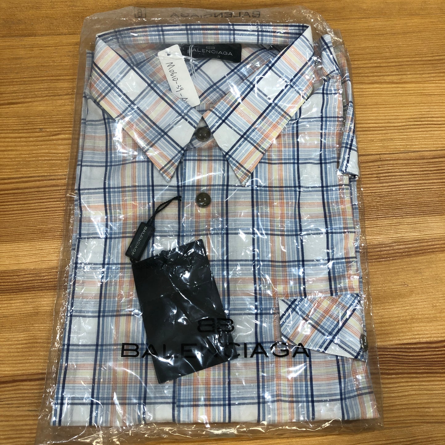 Balenciaga Blue Yellow White Plaid Short Sleeve Button Shirt US Size 6