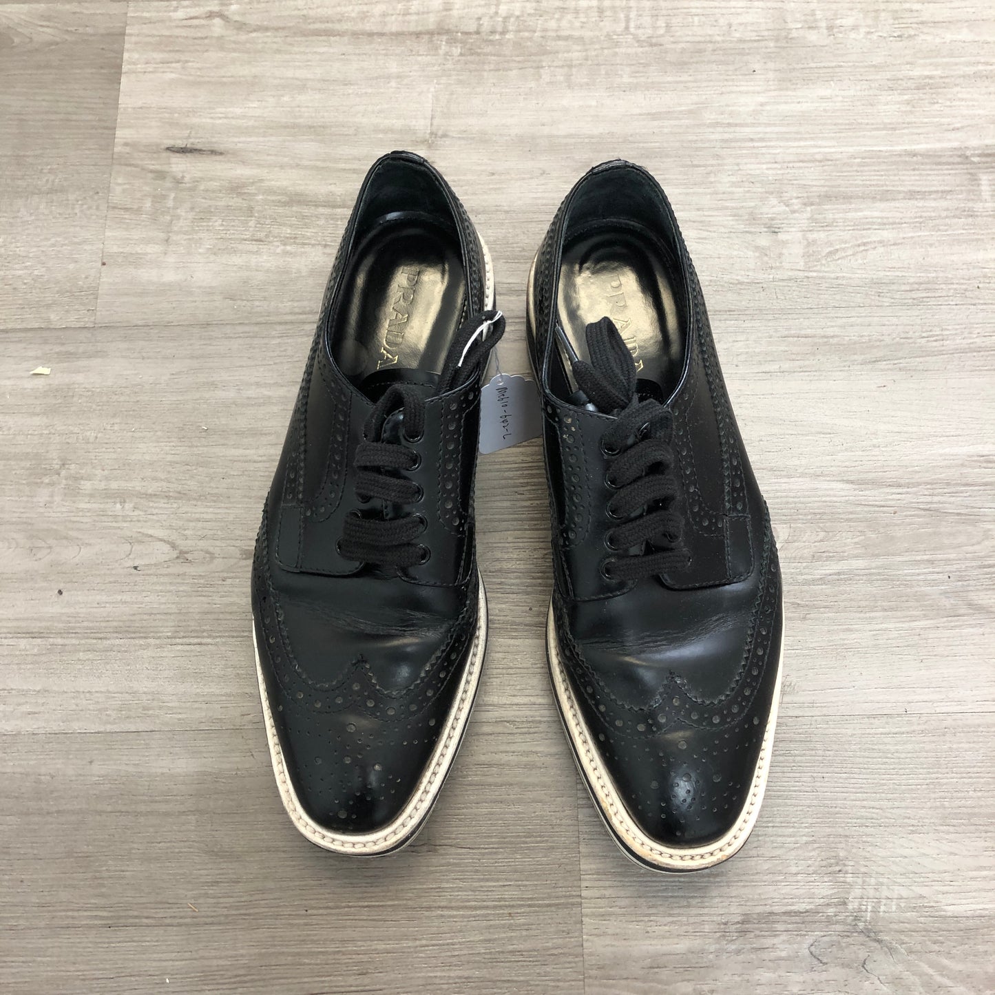 Prada Brogue Leather Platform Low Top Sneaker Shoes 37.5 Black White