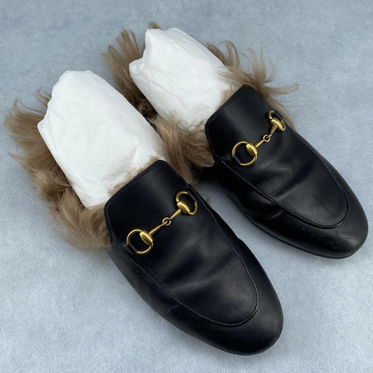 Gucci Women's Black Leather Fur Lined Horsebit Slip-On Mule Loafers Size 36