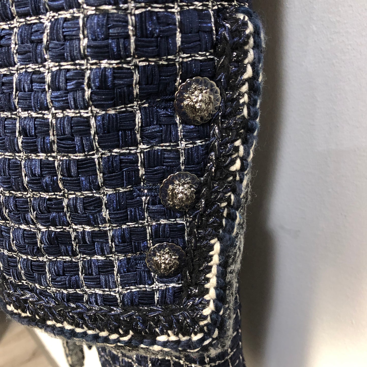 Chanel Tweed Coat Size 42 Navy Blue/White/Black/Grey/Silver