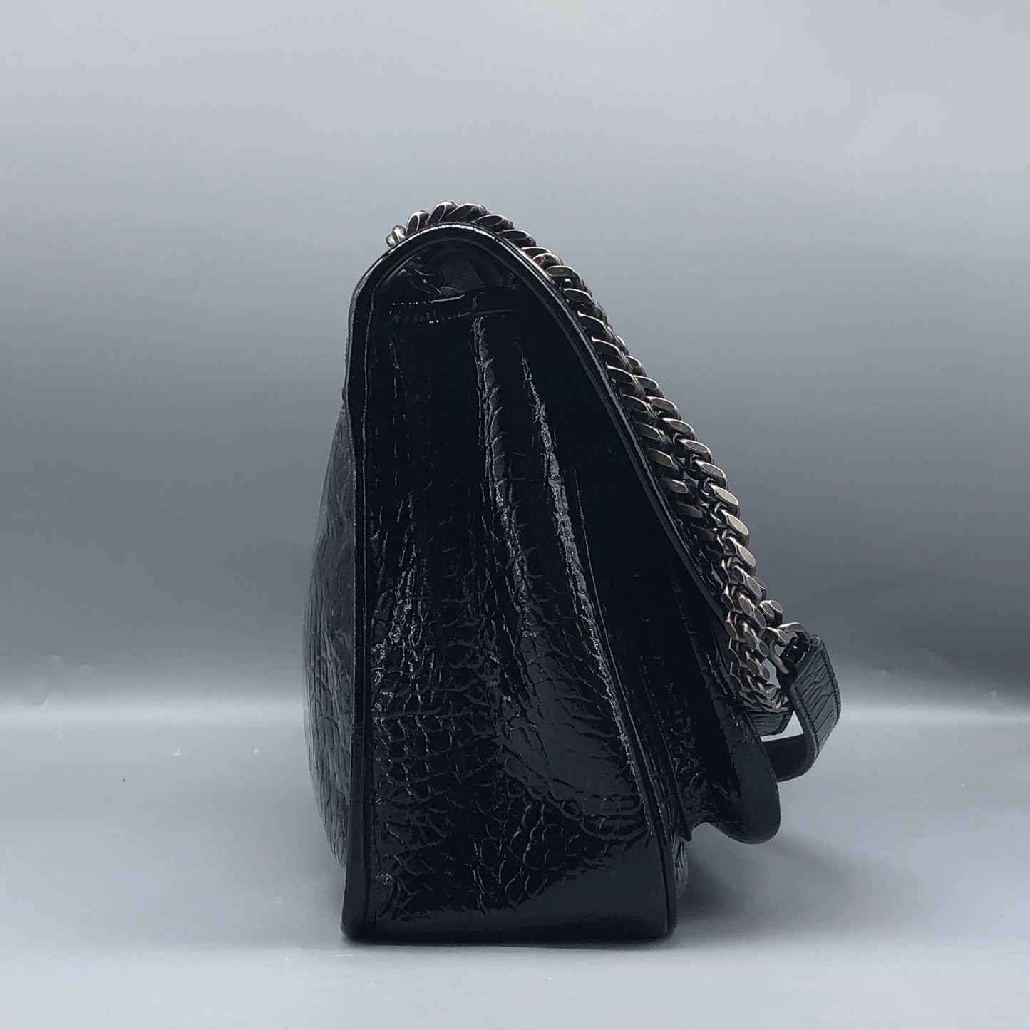 Saint Laurent Patent Crocodile Embossed Medium Niki Chain Satchel Bag