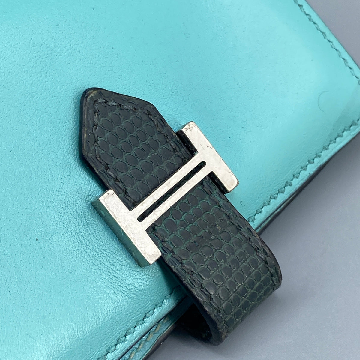Hermes Bearn Compact card holder Tiffany Blue with Lizard leather strap
