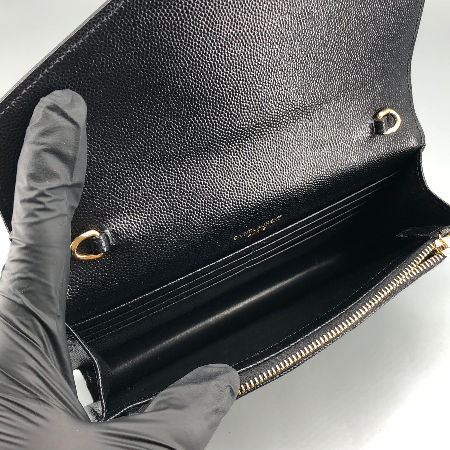 Saint Laurent Envelope Chevron Grain Leather Chain Shoulder Bag Black