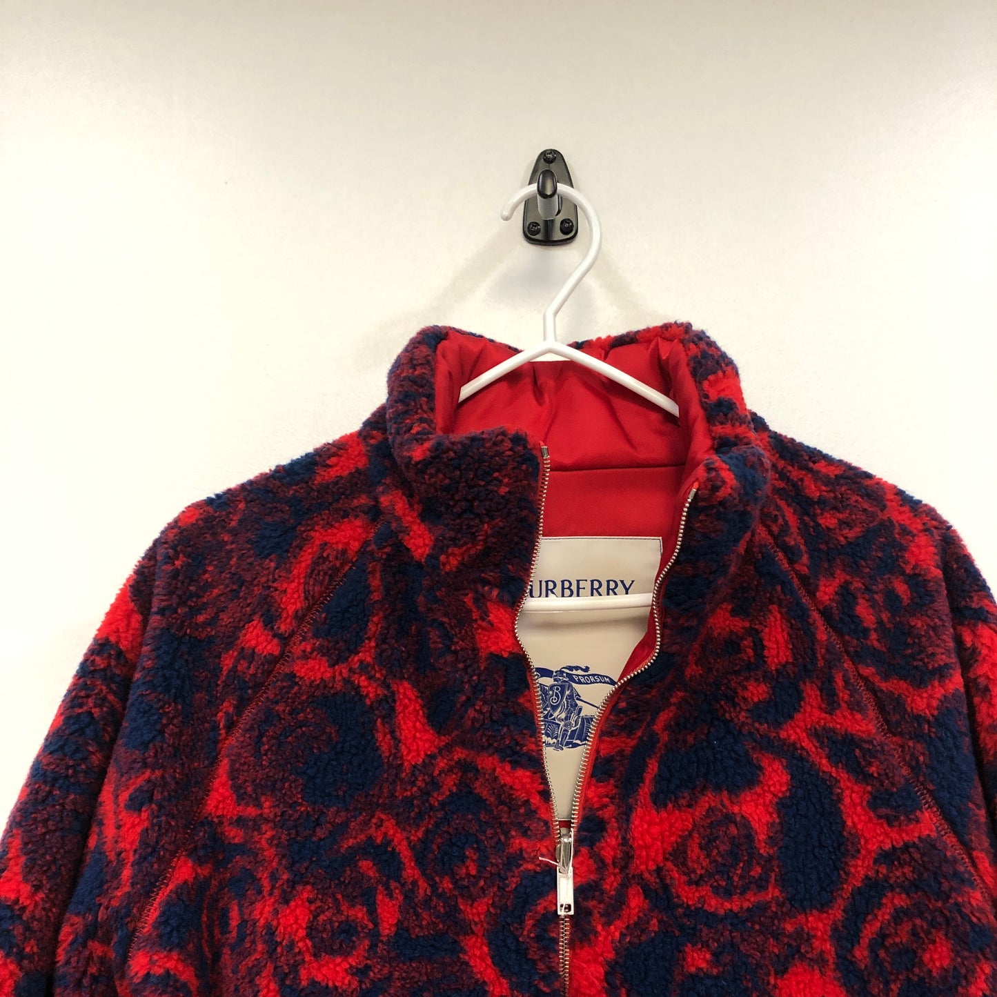 Burberry Navy & Hot Red Floral Fleece Full-Zip Stand Collar Jacket Size 2