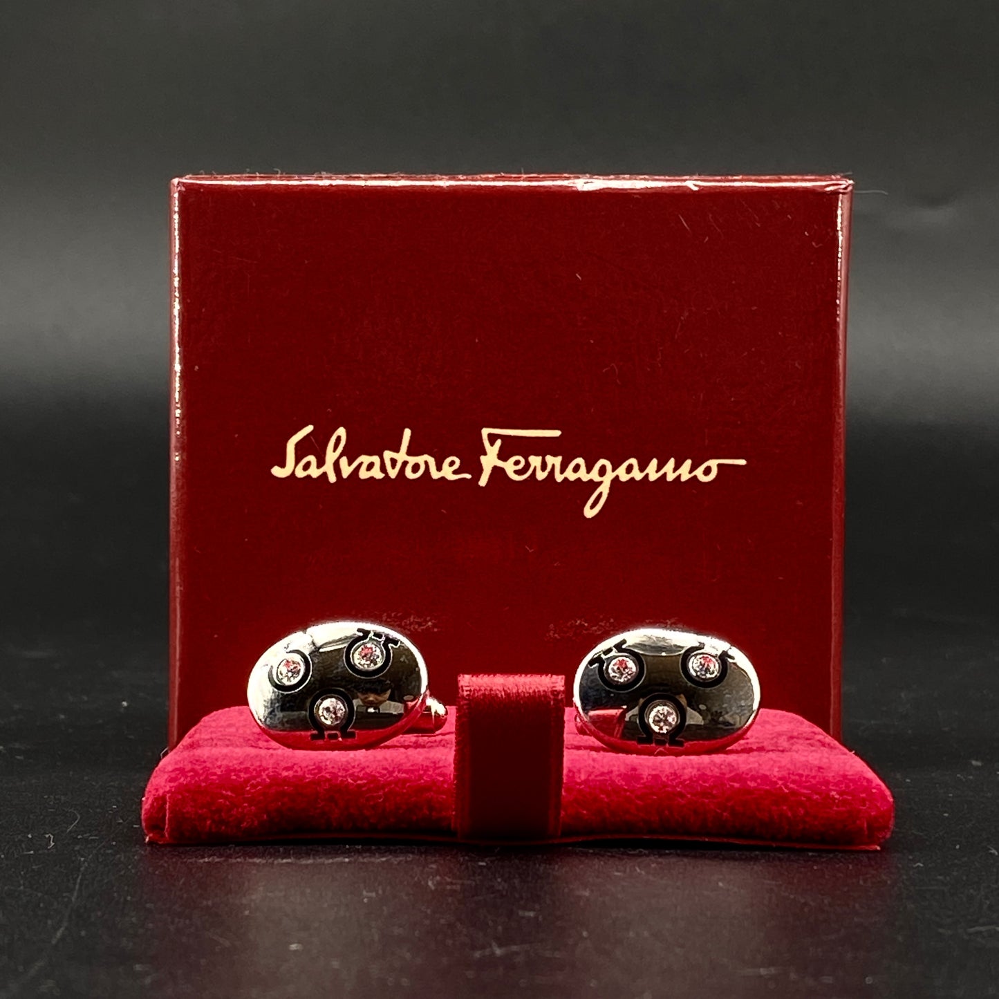 Ferragamo Silver Tone Crystal Decorated Cufflinks