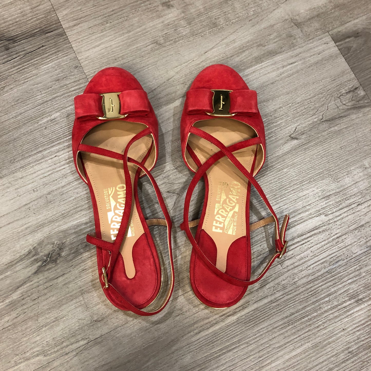 Salvatore Ferragamo Vara Red Suede Strappy Sandals Size 6B