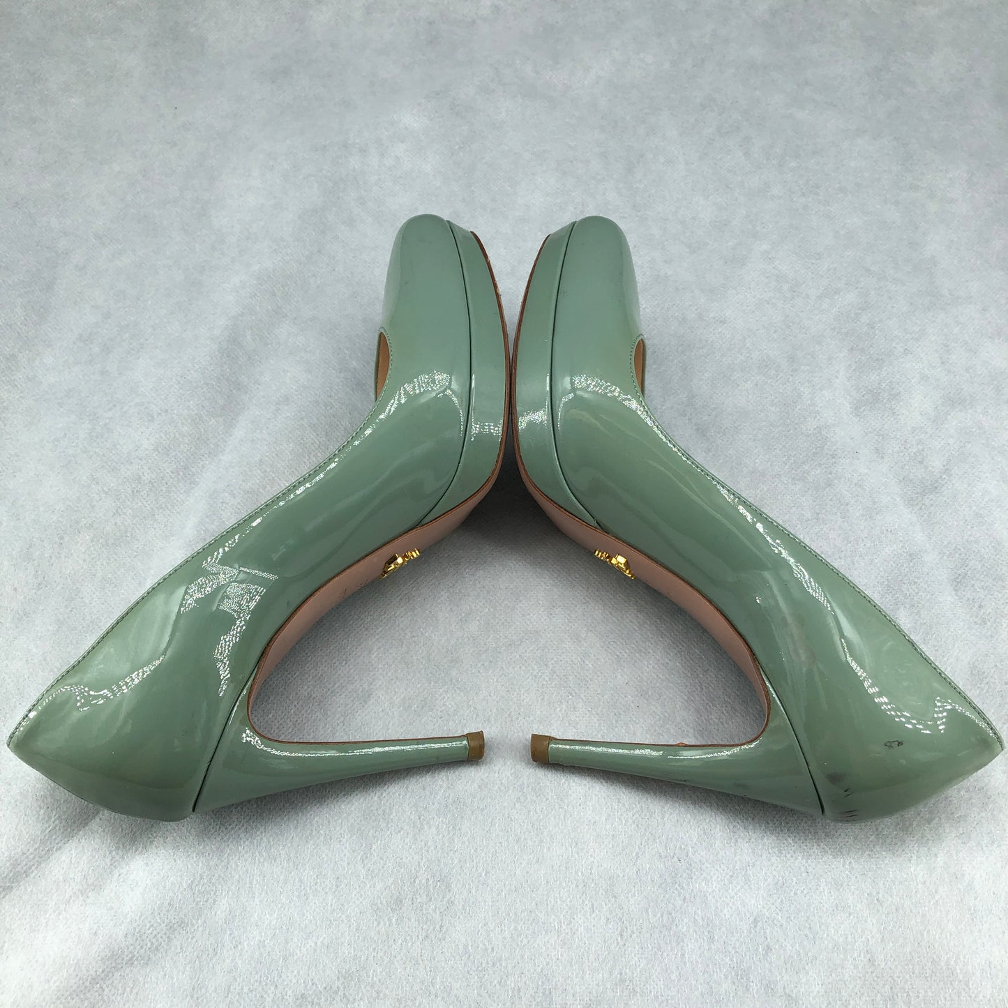 Prada Mint Green Patent Leather Platform Pointed Toe High Heels 35