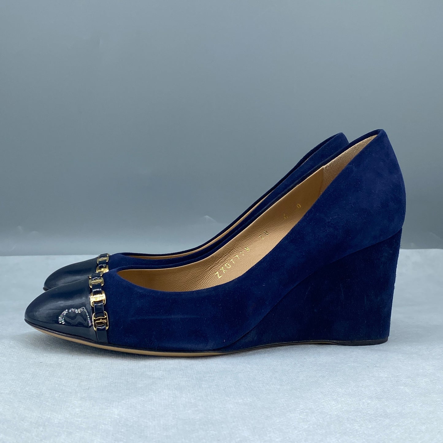 Ferragamo Women’s Deep Blue Suede Patent Toe Wedge Heels Shoes