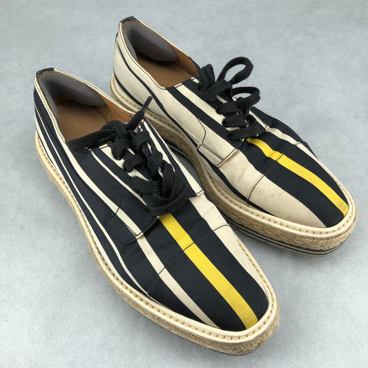 Prada Women‘s Cream Black Yellow Stripe Fabric Lace-Up Espadrille Flats Size 37