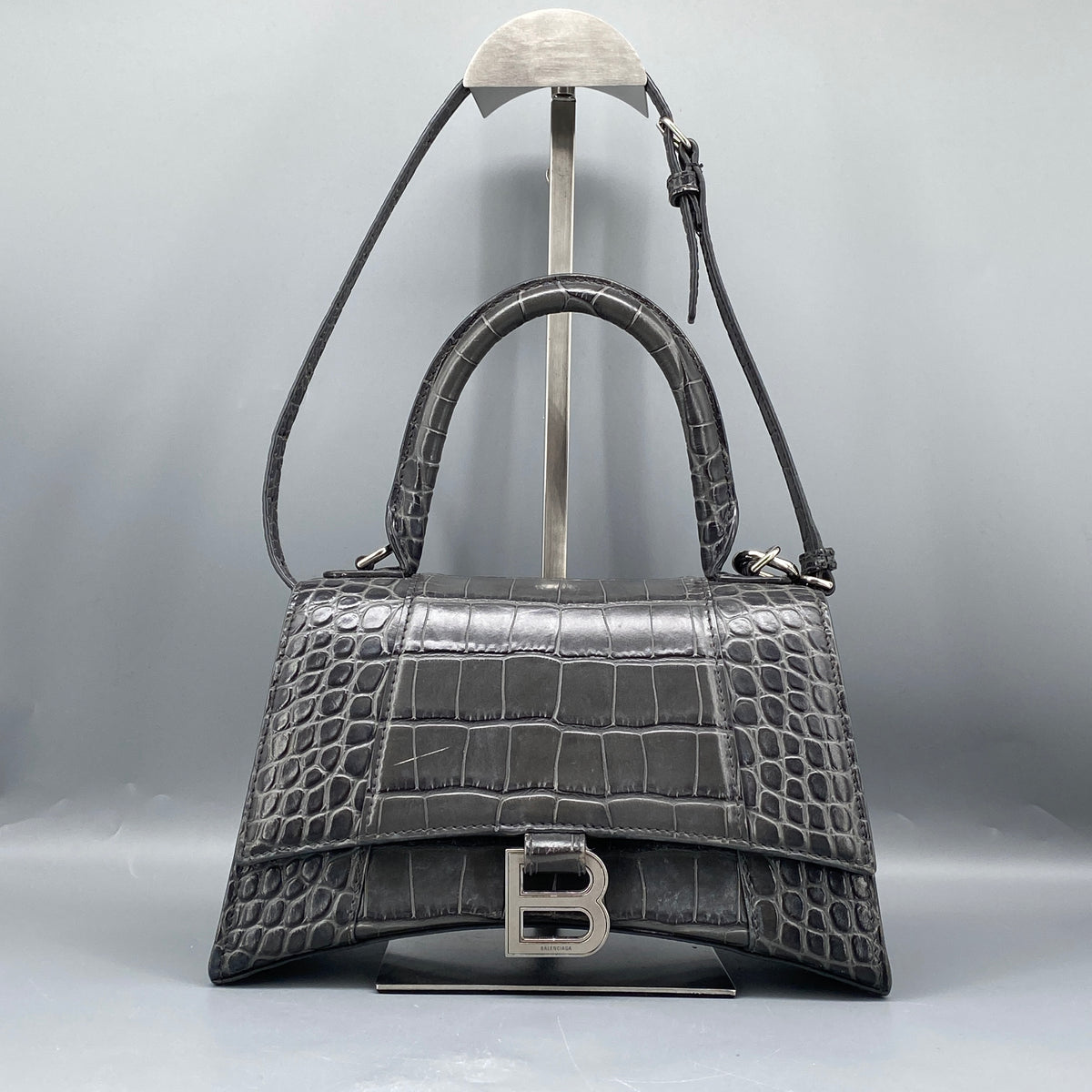 Balenciaga Dark Grey Croc Embossed Leather Hourglass Bag