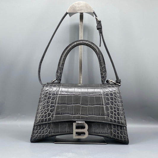 Balenciaga Dark Grey Croc Embossed Leather Hourglass Bag