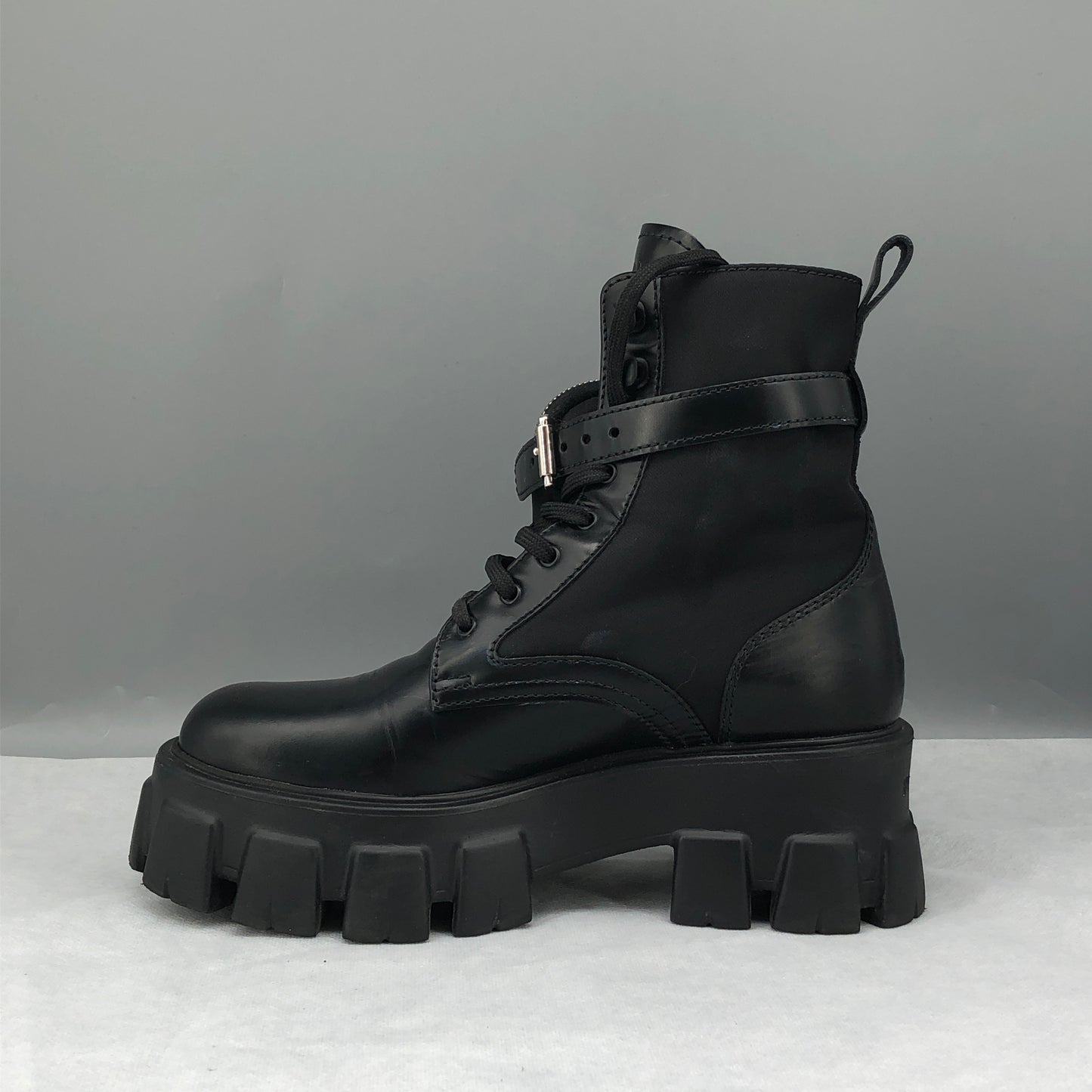 Prada Women's Re-Nylon Leather Combat Ankle Boots Size 36.5 Black