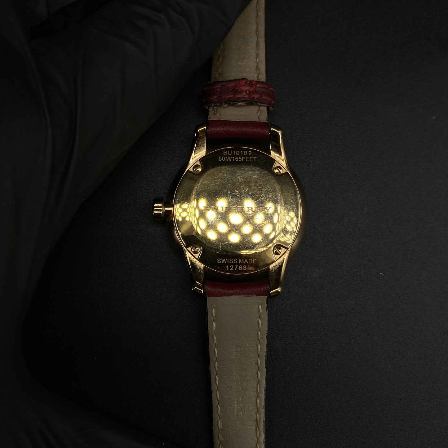 Burberry Gold Case Quartz Watch Dark Red Leather Strap