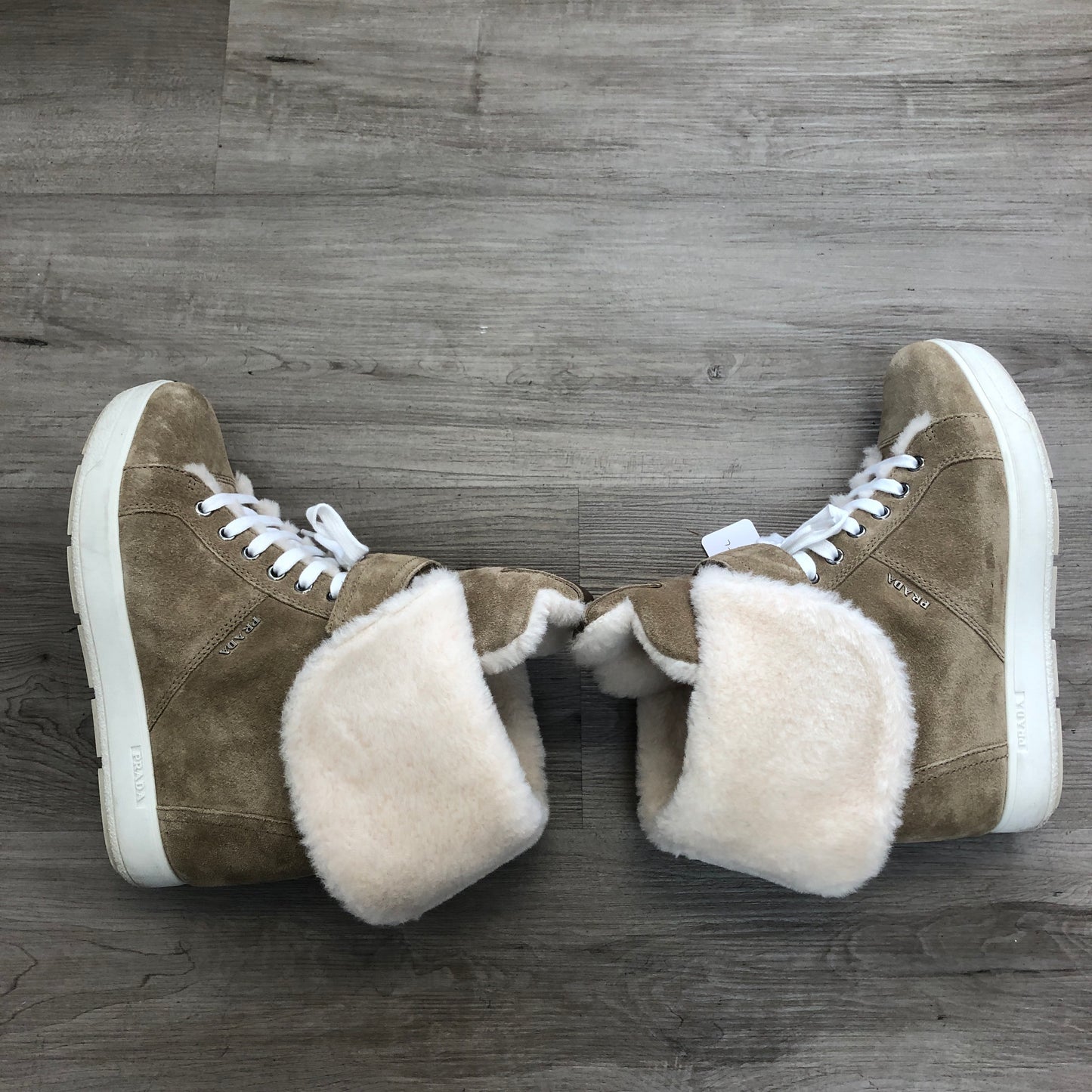 Prada Women's Shearling Lined Suede High Top Wedge Sneaker Boots 37 Beige White