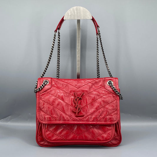 Saint Laurent Small Red Crinkled Leather Niki Chain Shoulder Bag