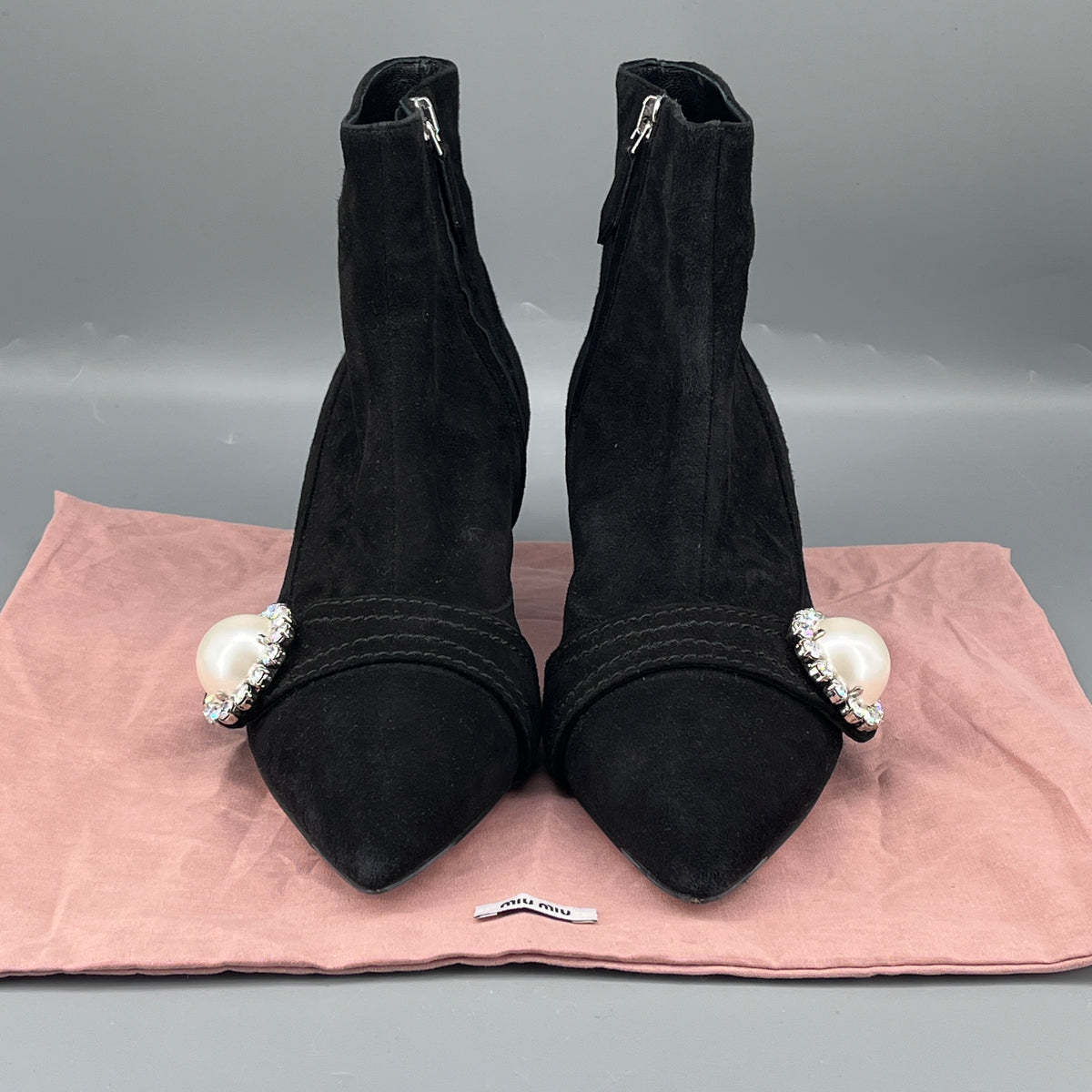 Miu Miu Women Black Suede Pearl Crystal Pointed Ankle Boots size 36