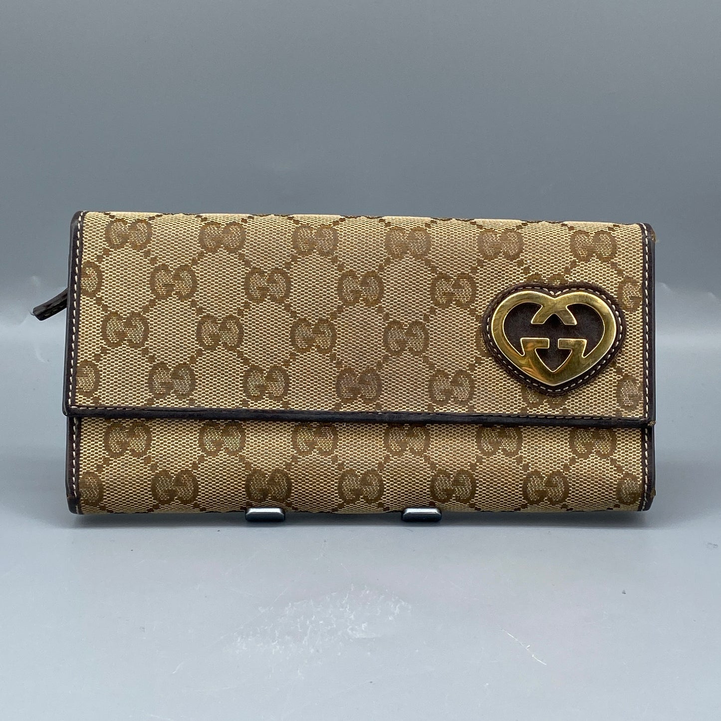 Gucci Beige GG Canvas Heart Double G Snap Long Wallet
