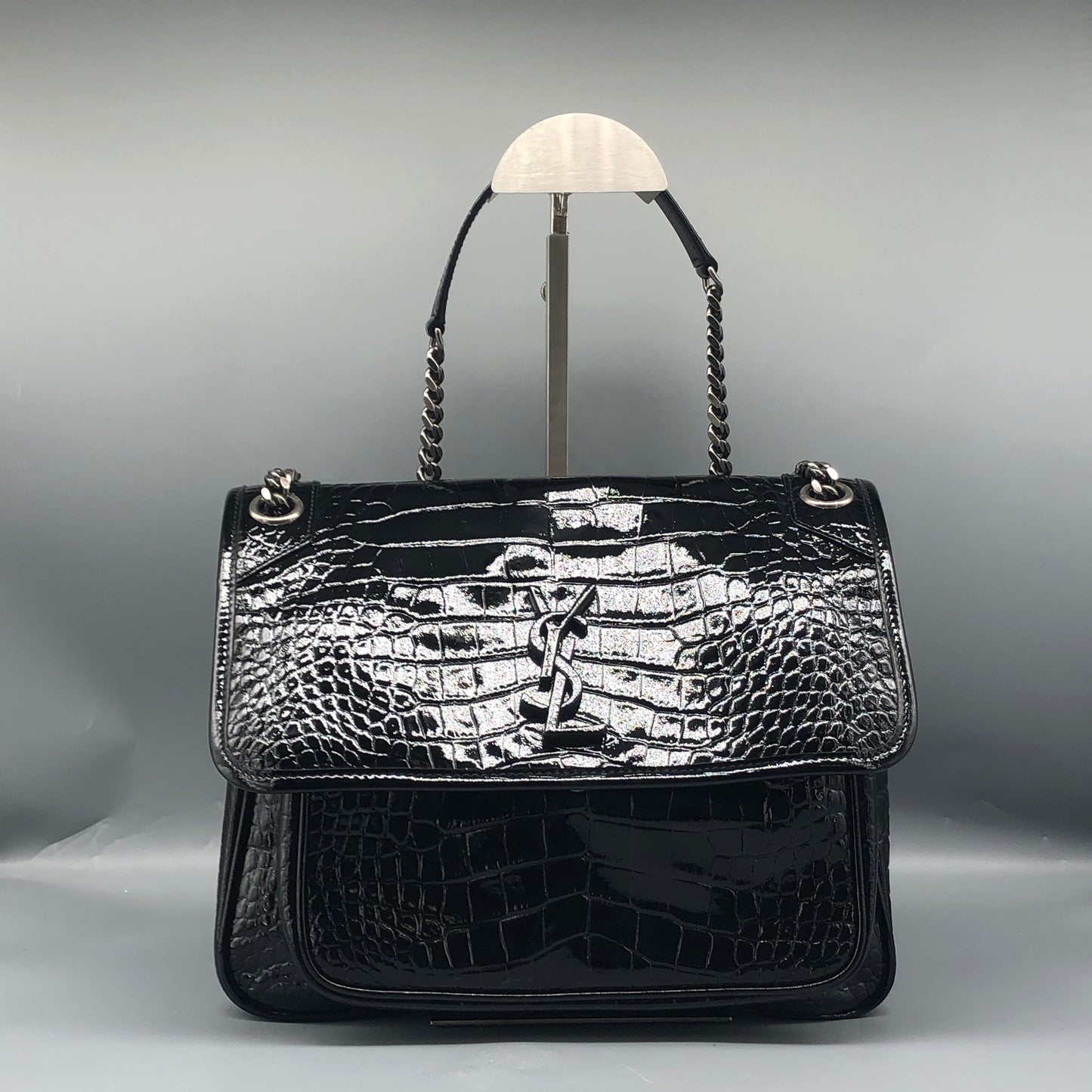 Saint Laurent Patent Crocodile Embossed Medium Niki Chain Satchel Bag