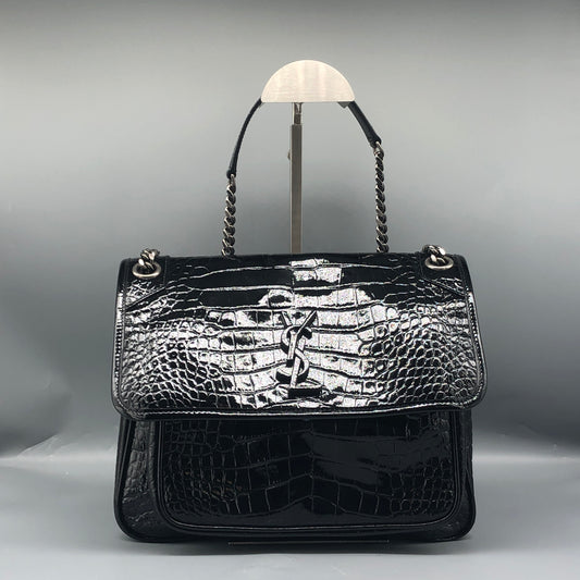 Saint Laurent Patent Crocodile Embossed Medium Niki Chain Satchel Bag